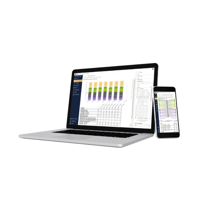 box-id_success-story_weha-therm_truck-with-loaded-glass-transport-racks Laptop und Smartphone zeigen ein Dashboard mit Diagrammen und Tabellen zur Datenanalyse