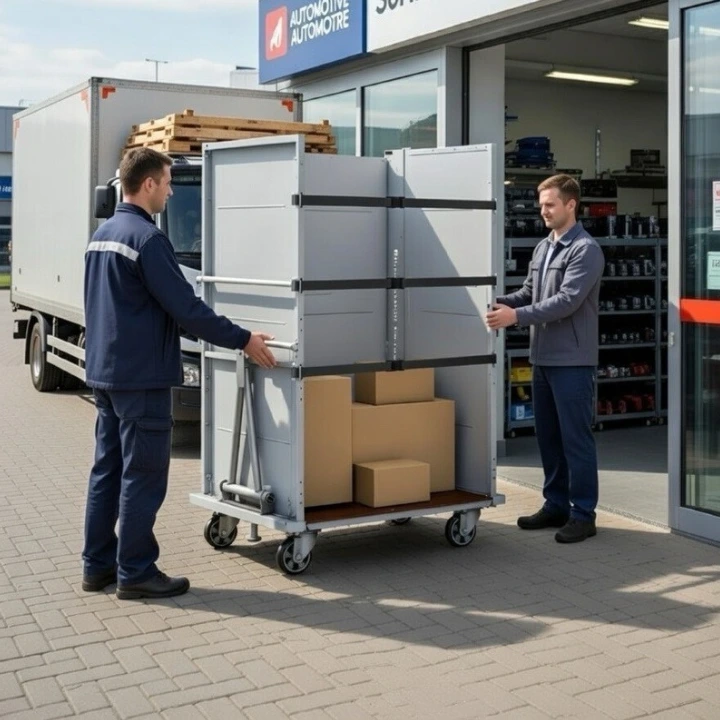 Die Grafik zeigt einen Rollwagen beim Transport im Bereich Automotive Aftersales