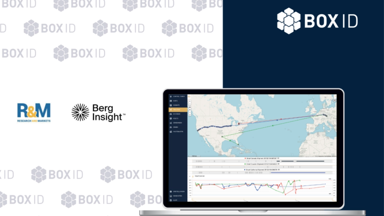 Laptop zeigt Tracking-Software mit Weltkarte neben Logos von BOX ID, R&M und Berg Insight