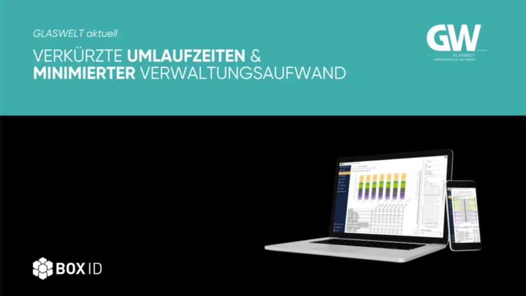 Laptop and smartphone display data dashboards under the text “Shortened circulation times” from GLASWELT.