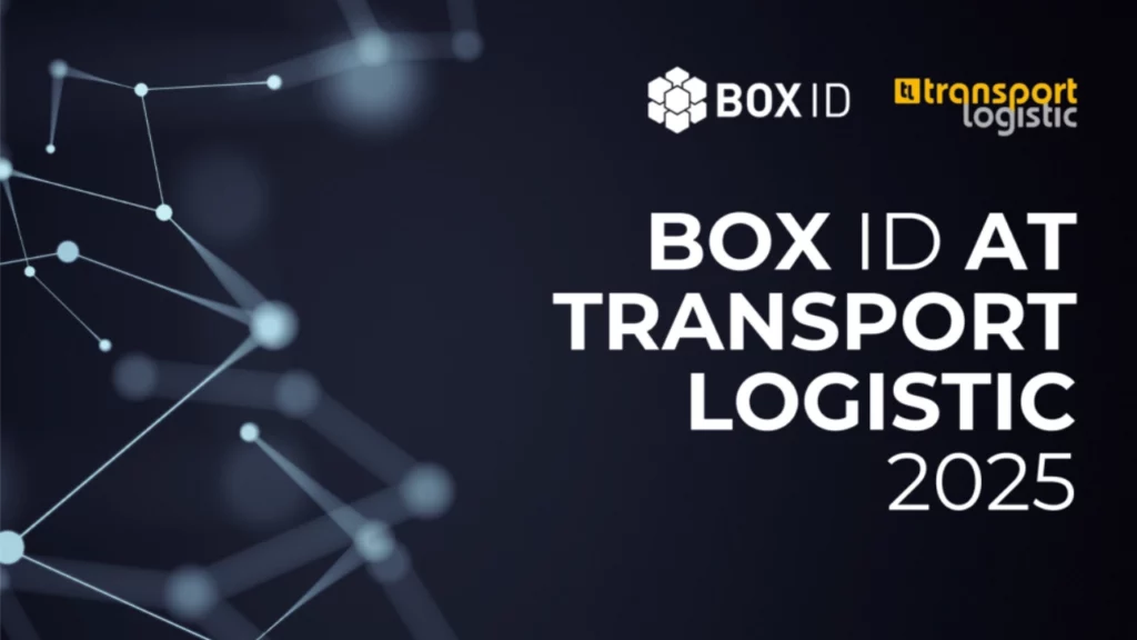 Announcement “BOX ID at Transport Logistic 2025” against a dark background with network graphic.