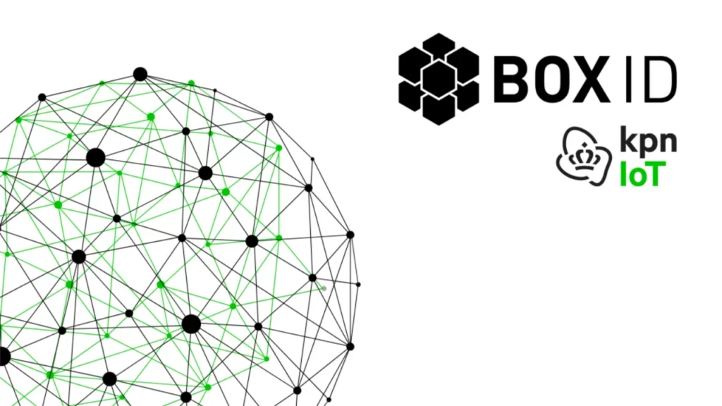 BOX ID logo next to the KPN IoT logo and a green network sphere on a white background