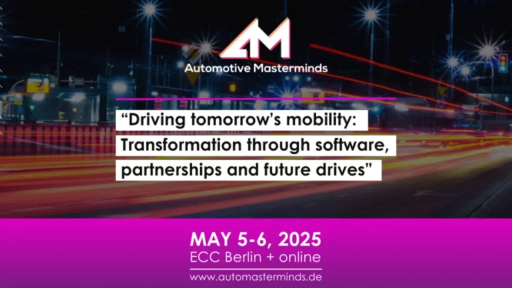 Event advertisement for “Automotive Masterminds” in Berlin in May 2025 with long exposure of the city at night.