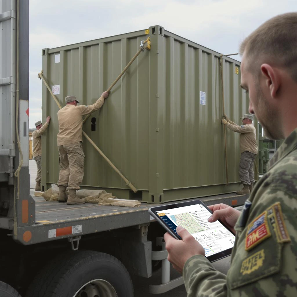 Die Grafik zeigt einen Container im Militärumfeld und einen Mann der ein Tablet hält auf dem die Software zu sehen ist.