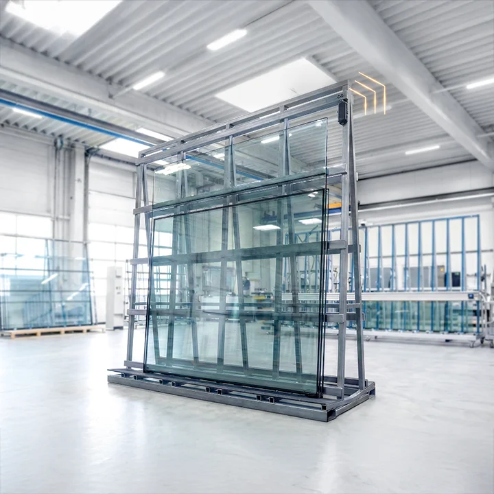 Glass transport rack is located in a logistics hall.
