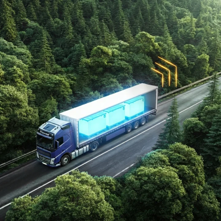 LKW transportiert Ladungsträger mit digitaler Tracking-Lösung.