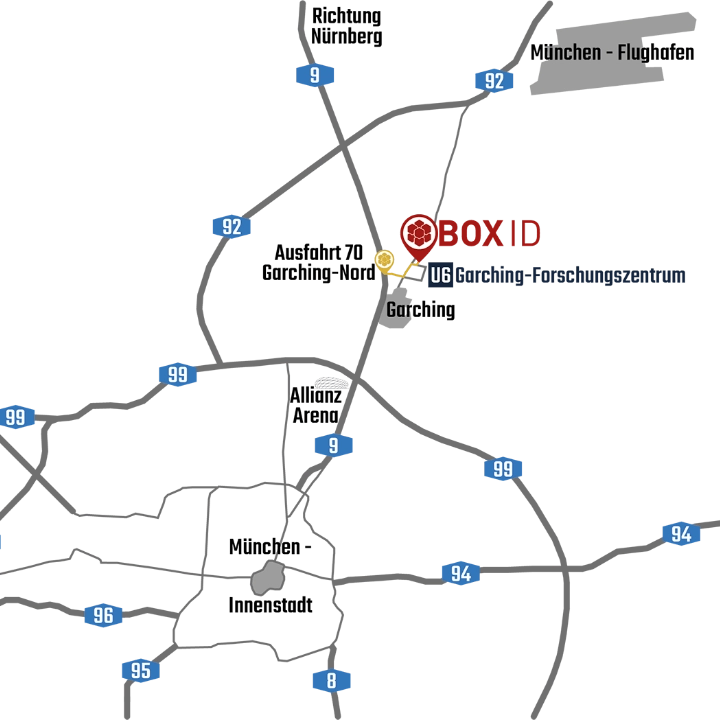 Directions map to BOX ID in Garching near Munich showing motorways, subway connection and airport proximity.