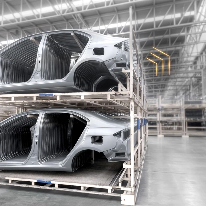 Stacked car body parts on special load carriers in automotive production hall.