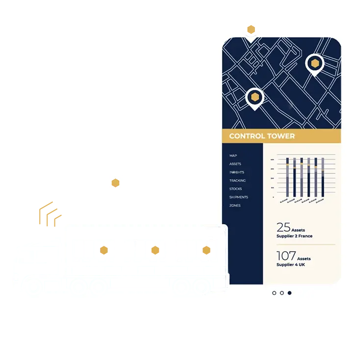 BOX ID Starter Edition: Control Tower App auf Smartphone mit GPS-Tracking, LKW und Stapler – Echtzeit-Assetverfolgung.