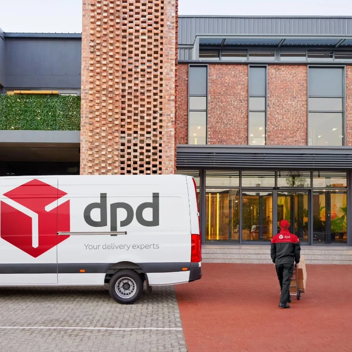 DPD-Transporter vor modernem Backsteingebäude, Mitarbeiter trägt Paket zum Eingang