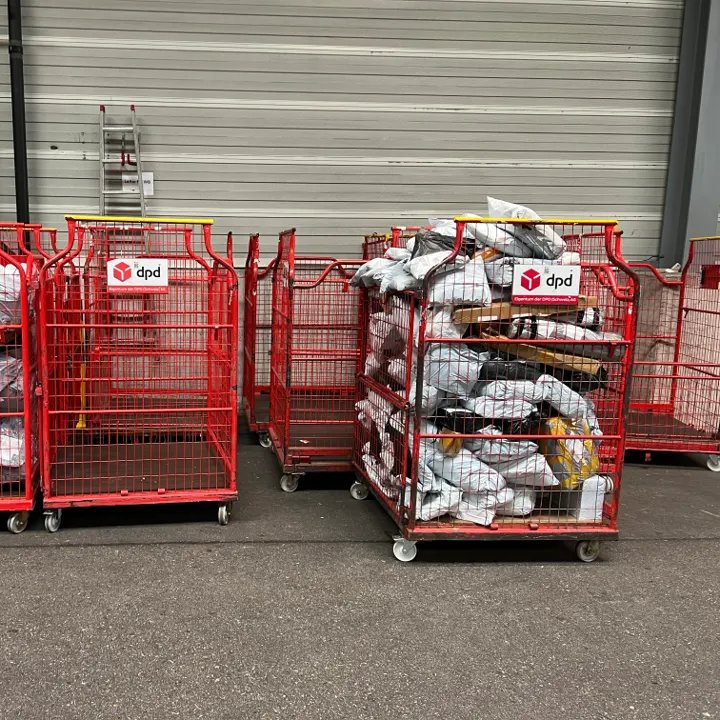DPD-Transportwagen mit Paketen vor Lagerhalle im Logistikbetrieb.