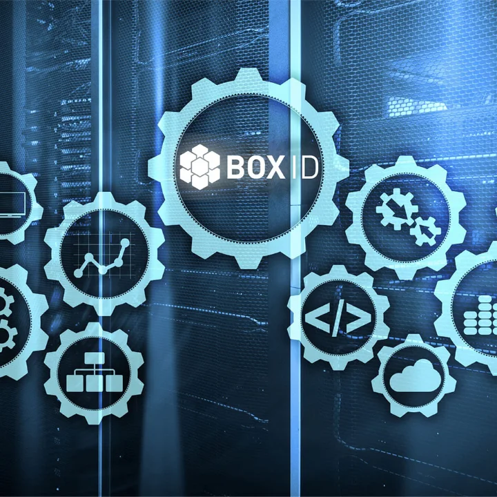 BOX ID software features visualized as gears against server background