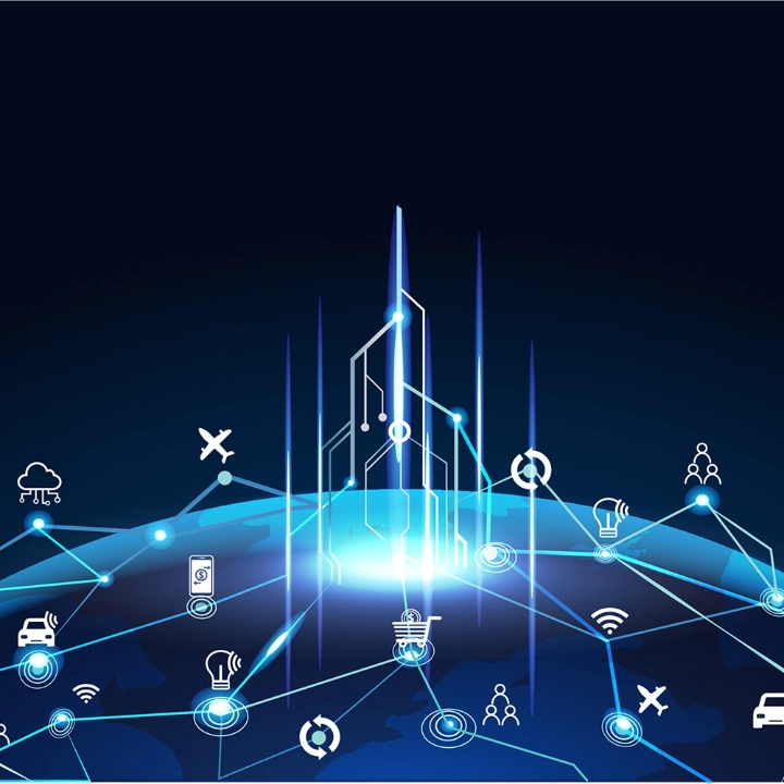 Digitale Weltkarte mit vernetzten Tracking- und IoT-Symbolen
